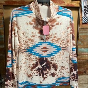 Cow print pull over with turquoise, Aztec design, zipper front long sleeve